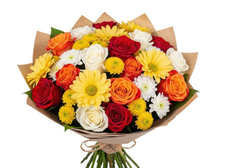 A beautiful bouquet of red, orange, and yellow flowers arranged in brown paper wrap, perfect for any occasion.の素材
