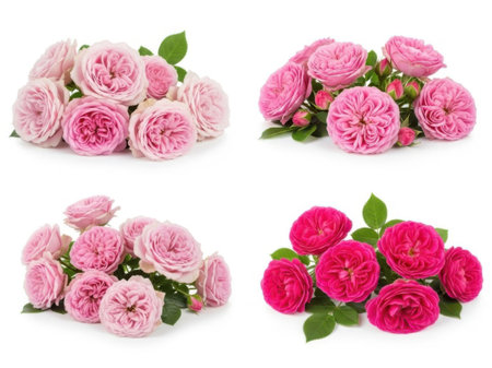 Four bouquets of pink roses with green leaves arranged in a natural style against a plain white background.の素材