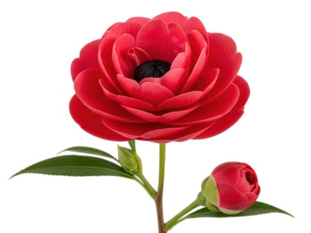 A stunning red ranunculus flower in full bloom with a lush green stem and leaf, accompanied by a smaller bud.の素材