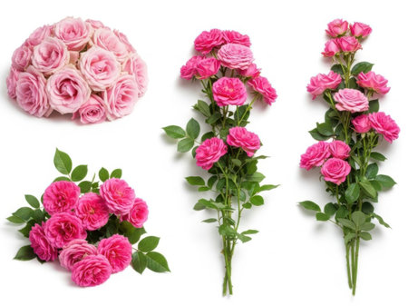 A collection of beautifully arranged pink roses in different styles, including bouquets and individual stems.の素材