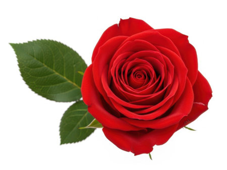 A single, vibrant red rose with lush green leaves against a plain white background.の素材