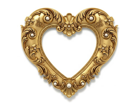 A beautifully crafted golden heart-shaped ornament featuring elaborate scrollwork and floral designs, exuding an air of elegance and sophistication.の素材