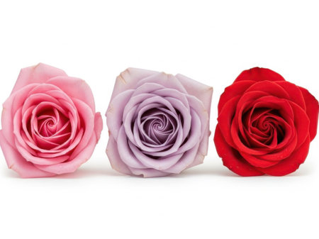 A beautiful arrangement of three roses in pink, lavender, and red, each with tightly spiraled petals, set against a plain white background.の素材