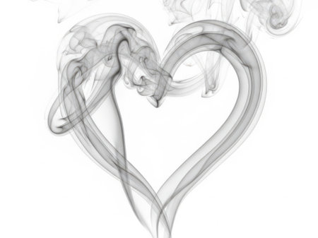 A captivating image of heart-shaped smoke swirls delicately dancing against a stark white background.の素材