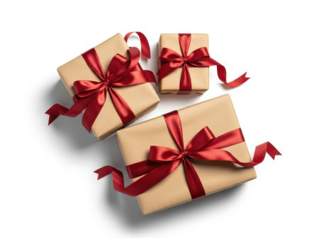 The image depicts three gift boxes arranged in a triangular formation against a white background. Each box is wrapped in brown paper and tied with a vibrant red ribbon, creating a festive and elegant presentation.の素材