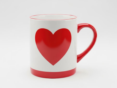 A white ceramic mug with a bright red heart shape on the side and a matching red handle and base, set against a plain white background.の素材