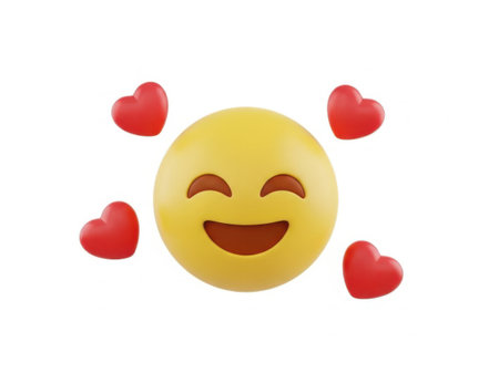 A cheerful yellow emoji with a wide smile and closed eyes, surrounded by four red hearts.の素材