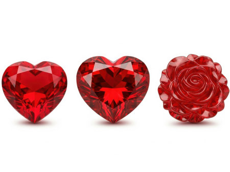 A trio of vibrant red gemstones, two heart-shaped and one intricately carved rose, displayed prominently against a stark white background.の素材