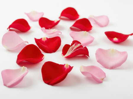 A delicate arrangement of rose petals in shades of red and pink scattered on a pristine white background.の素材