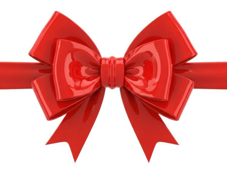 A beautifully crafted red bow sits atop a ribbon, symbolizing celebration and gift-giving.の素材