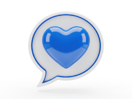 A vibrant blue heart is prominently displayed inside a white speech bubble with a blue outline, symbolizing communication of love and affection.の素材