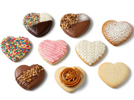 A delightful array of heart-shaped cookies, each decorated with different toppings including chocolate, sprinkles, and icing.の素材