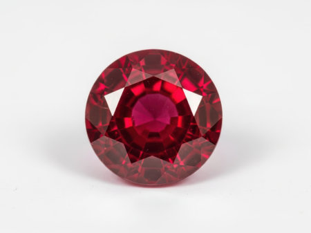 A single, faceted, deep red ruby gemstone is displayed against a plain white background, showcasing its brilliant cut and rich color.の素材