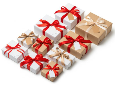 A collection of beautifully wrapped gift boxes in various sizes, adorned with red and brown ribbons, arranged neatly on a white background.の素材