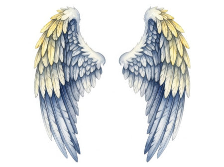 A pair of beautifully illustrated angel wings with golden tips and intricate feather details.の素材