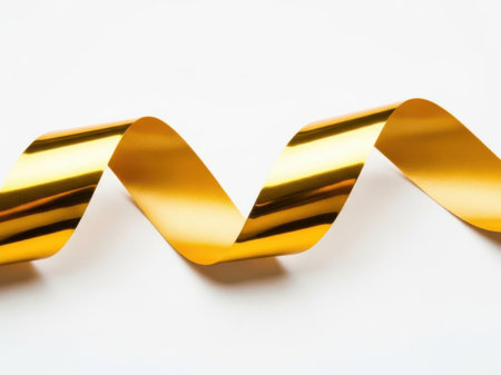 A single golden ribbon elegantly curves and folds against a pristine white background, creating a striking contrast and a sense of sophistication.の素材