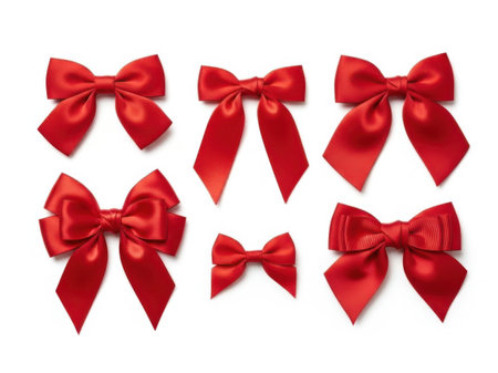 The image displays a collection of six red decorative bows. Each bow is made of shiny, satin-like material and varies in size and shape. The bows are arranged in two rows of three, with the top row featuring larger bows and the bottom row showcasing smaller ones. The bows have a glossy finish, adding a touch of elegance and festivity.の素材