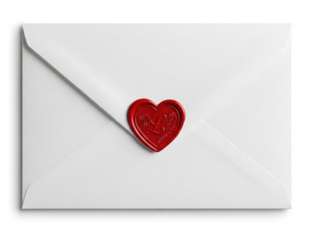 The image depicts a white envelope sealed with a red heart-shaped wax seal. The seal has some intricate designs or text on it, though it is not clearly legible. The envelope appears to be a standard size and is closed, suggesting it might contain a message or letter. The overall scene is simple and clean, with the focus on the envelope and the seal.の素材