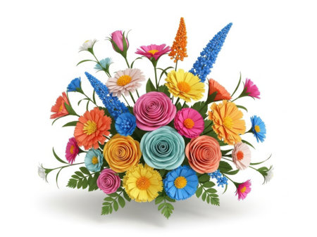 A bright and cheerful bouquet of various colorful flowers arranged in a white vase, creating a lively and joyful atmosphere.の素材