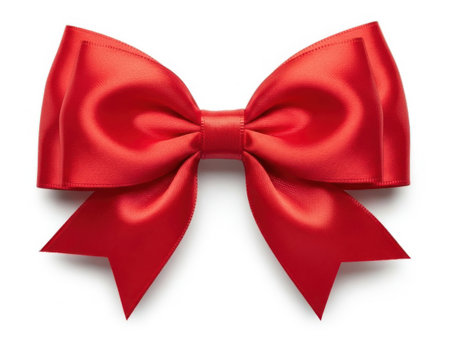 A single, beautifully crafted red satin bow set against a clean, white background, exuding elegance and simplicity.の素材