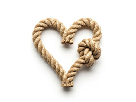 The image features a heart shape intricately formed by twisted ropes against a plain white background. The ropes are thick and appear to be made of natural fiber, giving the heart a rustic and handcrafted look. The heart is symmetrical with a small knot at the bottom, adding a touch of detail and craftsmanship. The overall composition is simple yet evocative, symbolizing love, connection, and manual creativity.の素材
