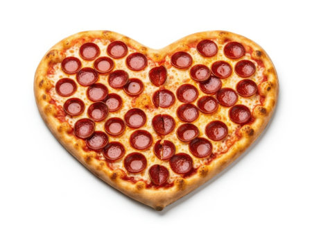A heart-shaped pepperoni pizza with a golden crust, topped with melted cheese and pepperoni slices, presented on a clean white background.の素材