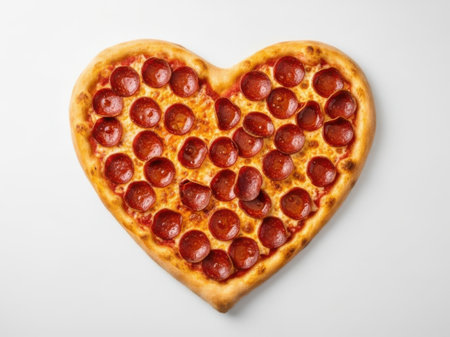 A heart-shaped pepperoni pizza with a golden crust sits on a plain background, showcasing its delicious toppings.の素材