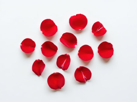 A collection of vibrant red rose petals scattered randomly on a plain white background, creating a visually appealing contrast.の素材