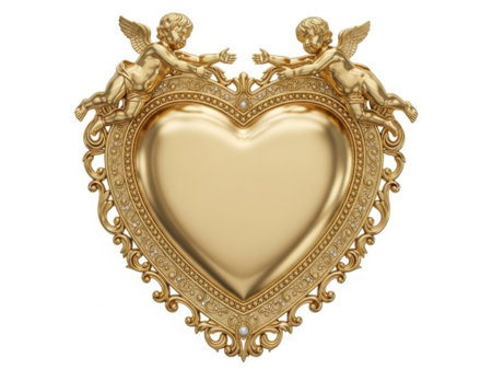 A detailed golden heart-shaped frame adorned with cherubic figures and elaborate filigree designs.の素材