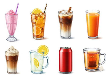 Set of different types of ice tea with lemon, orange juice and coffeeの素材