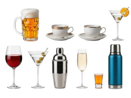 This image features a variety of beverage containers, including a glass of beer, a teacup with saucer, a martini glass, a cocktail shaker, a wine glass, a champagne flute, a shot glass, and a thermos. Each container is displayed individually, highlighting the diversity of drinkware available for different beverages.の素材