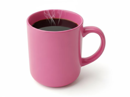 A bright pink mug filled with steaming hot coffee, featuring a handle on its right side. The mug is set against a plain white background, emphasizing its vibrant color and the rising steam from the coffee.の素材