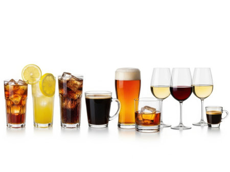 This image showcases a variety of beverages arranged neatly in a row. From left to right, the selection includes a tall glass of iced tea with lemon, a glass of orange juice, a tall glass of cola with ice, a dark beer in a mug, a glass of pale ale, a glass of white wine, a glass of red wine, a glass of whiskey, and a small cup of espresso. The drinks are presented against a white background, highlighting their colors and textures.の素材