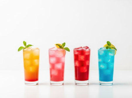 Four tall glasses filled with vibrant, refreshing cocktails, each garnished with a sprig of mint or lemon. The drinks showcase a spectrum of colors: orange, pink, red, and blue. They are arranged in a neat row on a white surface, creating a visually appealing display.の素材