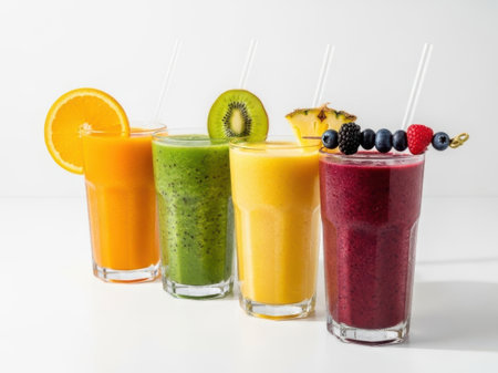 A vibrant array of fruit smoothies presented in tall glasses, each garnished with fresh fruit slices. The smoothies feature a variety of colors and flavors, including orange, green, yellow, and purple, indicating a mix of fruits like orange, kiwi, pineapple, and berries. Each glass is adorned with a straw and a slice of the respective fruit used in the smoothie.の素材