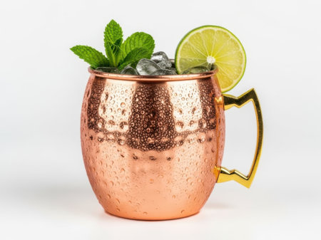 A refreshing cocktail served in a copper mug, garnished with a slice of lime and fresh mint leaves. The drink is filled with ice cubes, creating a chilled and inviting beverage. The copper mug has a distinctive hammered texture and a gold-colored handle, adding a touch of elegance to the presentation.の素材
