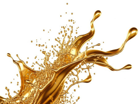 This image captures a dynamic and vibrant scene of golden liquids splashing in an artistic manner. The liquid appears to be in mid-air, creating a sense of motion and energy. The droplets and streams of the liquid are intricately detailed, showcasing a rich and luxurious texture. The overall composition is visually striking and evokes a sense of elegance and fluidity.の素材