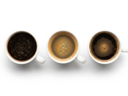 This image features three white coffee cups, each containing a different type of coffee. From left to right, the first cup contains black coffee with a swirl pattern on the surface. The middle cup has a latte with a heart-shaped latte art design. The third cup contains black coffee with a small amount of foam on top. The cups are arranged in a row on a white surface.の素材