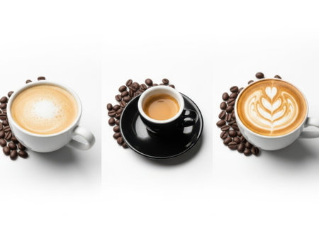 This image showcases three different types of coffee, each presented with artistic latte designs. The cups are placed on a bed of coffee beans, enhancing the visual appeal and emphasizing the coffee theme. From left to right, the image features a cappuccino with a heart-shaped latte art, a macchiato with a simple latte design, and a latte with an intricate leaf pattern.の素材