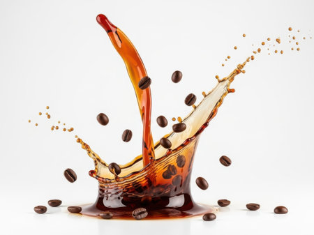 A dynamic image capturing the moment coffee is poured, creating a splash. Coffee beans are scattered around the splash, highlighting the freshness and richness of the brew. The background is a stark white, which contrasts with the deep, rich color of the coffee, making the splash and beans stand out prominently.の素材