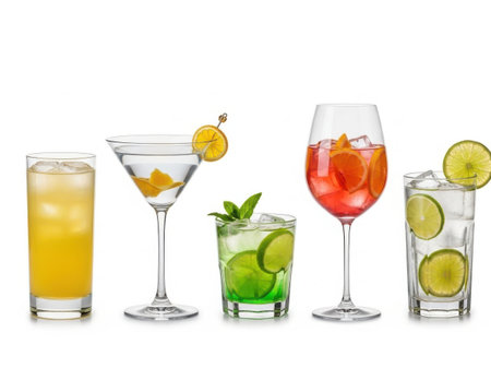 A collection of colorful cocktails presented in different types of glasses, each garnished with fruit slices or herbs. The image showcases a variety of drinks, including a tall glass with a yellow beverage, a martini glass with an orange garnish, a short glass with a green drink and lime, a wine glass with a red beverage, and a highball glass with a clear drink and lime slices.の素材