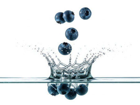 This image captures a dynamic moment where several blueberries are splashing into a pool of water. The blueberries create ripples and droplets as they hit the water's surface, creating a visually appealing and refreshing scene.の素材