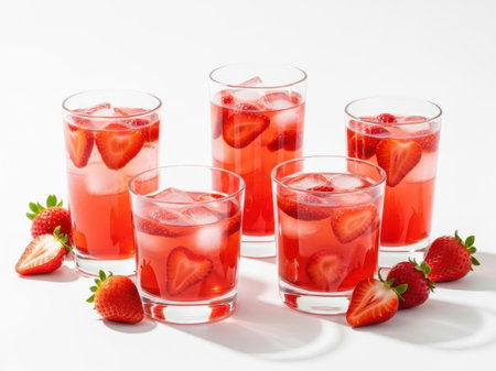 A refreshing array of strawberry drinks served in clear glasses, each filled with ice and garnished with fresh strawberry slices. The drinks are arranged on a bright, clean surface with additional whole strawberries scattered around, enhancing the visual appeal and highlighting the freshness of the ingredients.の素材