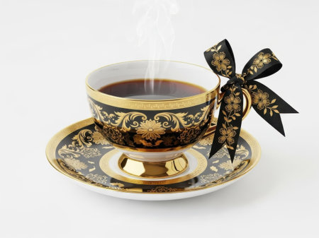 A beautifully ornate tea cup with intricate gold and black floral designs sits atop a matching saucer. A black ribbon with gold accents is tied into a bow on the handle, adding a touch of sophistication. Steam gently rises from the hot tea inside, creating a cozy and inviting atmosphere.の素材