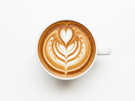 A white ceramic cup filled with a creamy latte, featuring an intricate heart-shaped latte art design on the surface. The latte is placed on a plain white surface, creating a minimalist and elegant presentation.の素材