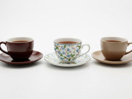 This image features three different tea cups, each with its own unique design and color, placed on a white surface. The cups are arranged in a row, each accompanied by a matching saucer. The first cup is dark brown with a glossy finish, the second cup is white with blue floral patterns, and the third cup is a light beige color. Each cup is filled with a warm beverage, likely tea.の素材