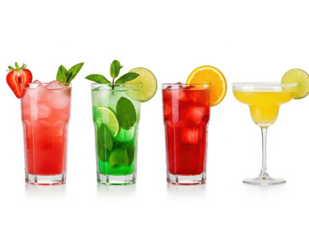 A collection of four vibrant cocktails, each garnished with fresh fruits and herbs. From left to right, the cocktails feature a strawberry garnish, a mint garnish, an orange slice, and a lemon wheel. Each drink is presented in a clear glass, showcasing their distinct colors and refreshing appearances.の素材