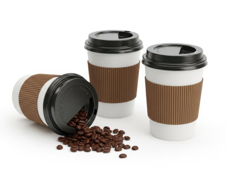 This image features three disposable coffee cups with brown corrugated sleeves and black lids. One of the cups is tipped over, spilling coffee beans onto the surface. The cups are arranged in a triangular formation, creating a visually appealing composition.の素材