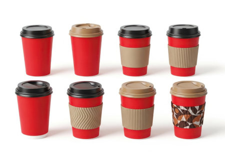 This image features a collection of eight red coffee cups, each with a lid and a unique sleeve design. The sleeves vary in patterns and materials, including plain, corrugated, and decorative designs. The cups are arranged in two rows of four, showcasing the diversity in their appearance.の素材