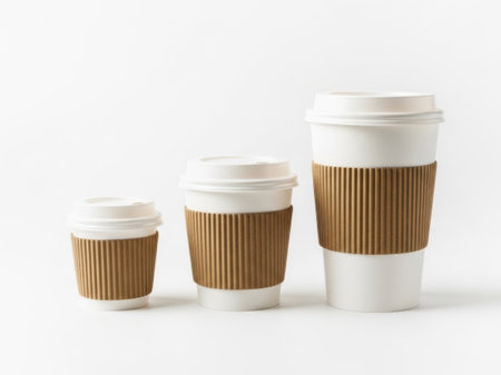 This image features three disposable coffee cups of varying sizes, arranged in a row from smallest to largest. Each cup has a white lid and a brown corrugated cardboard sleeve for insulation. The cups are placed on a plain white background, emphasizing their design and functionality.の素材